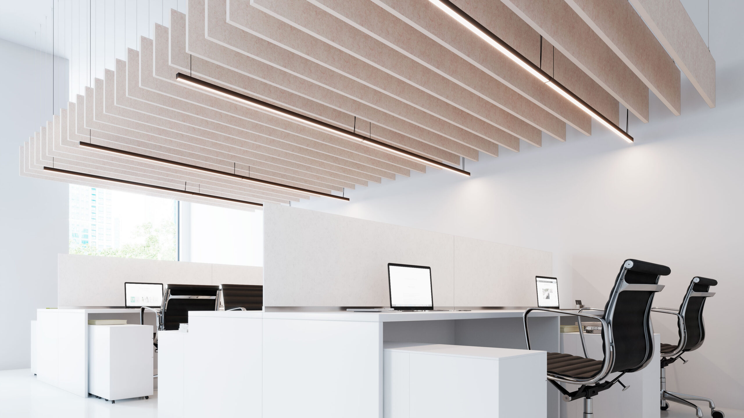 Straight acoustic ceiling baffles in workstations