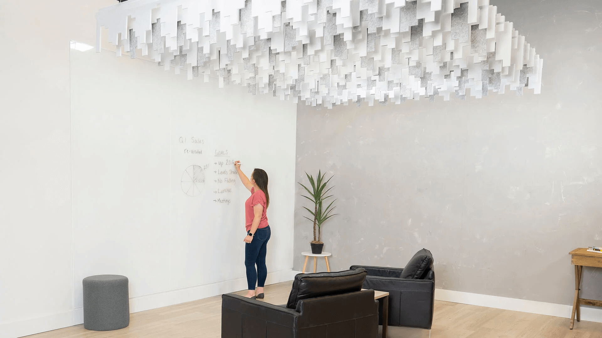 Skyline II acoustic ceiling baffle in a huddle space