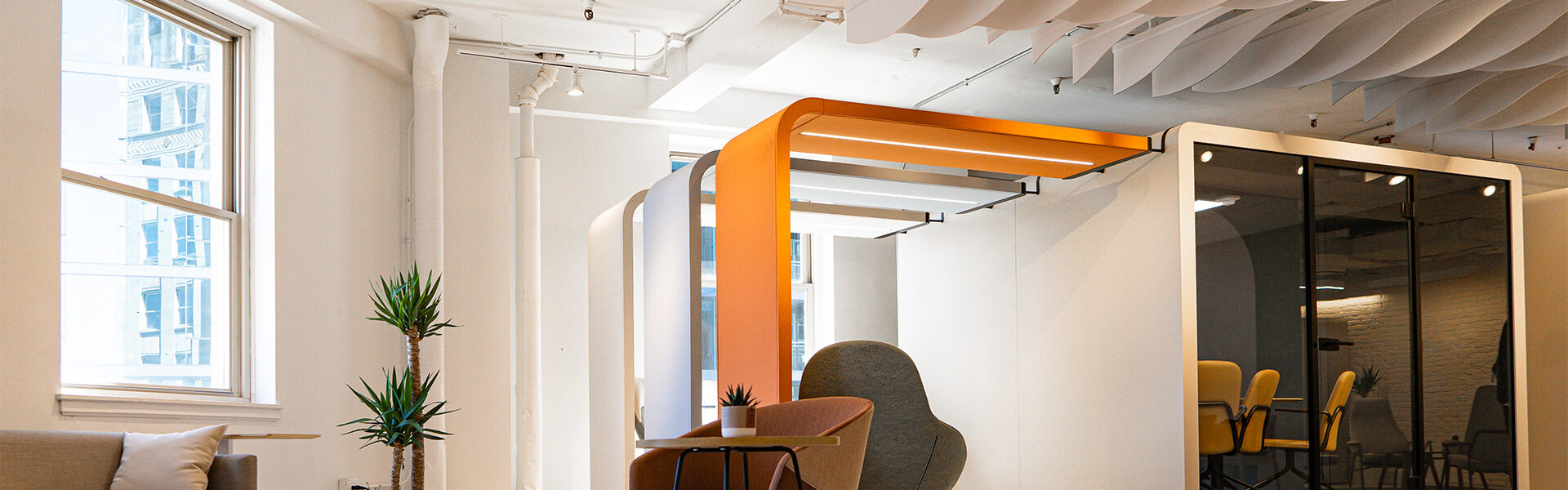 Londe acoustic ceiling baffle in huddle spaces